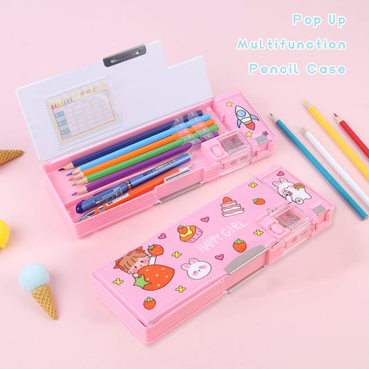 Pop Up Multifunktionell Pennfodral Pennlåda Organizer Rosa Jordgubbe