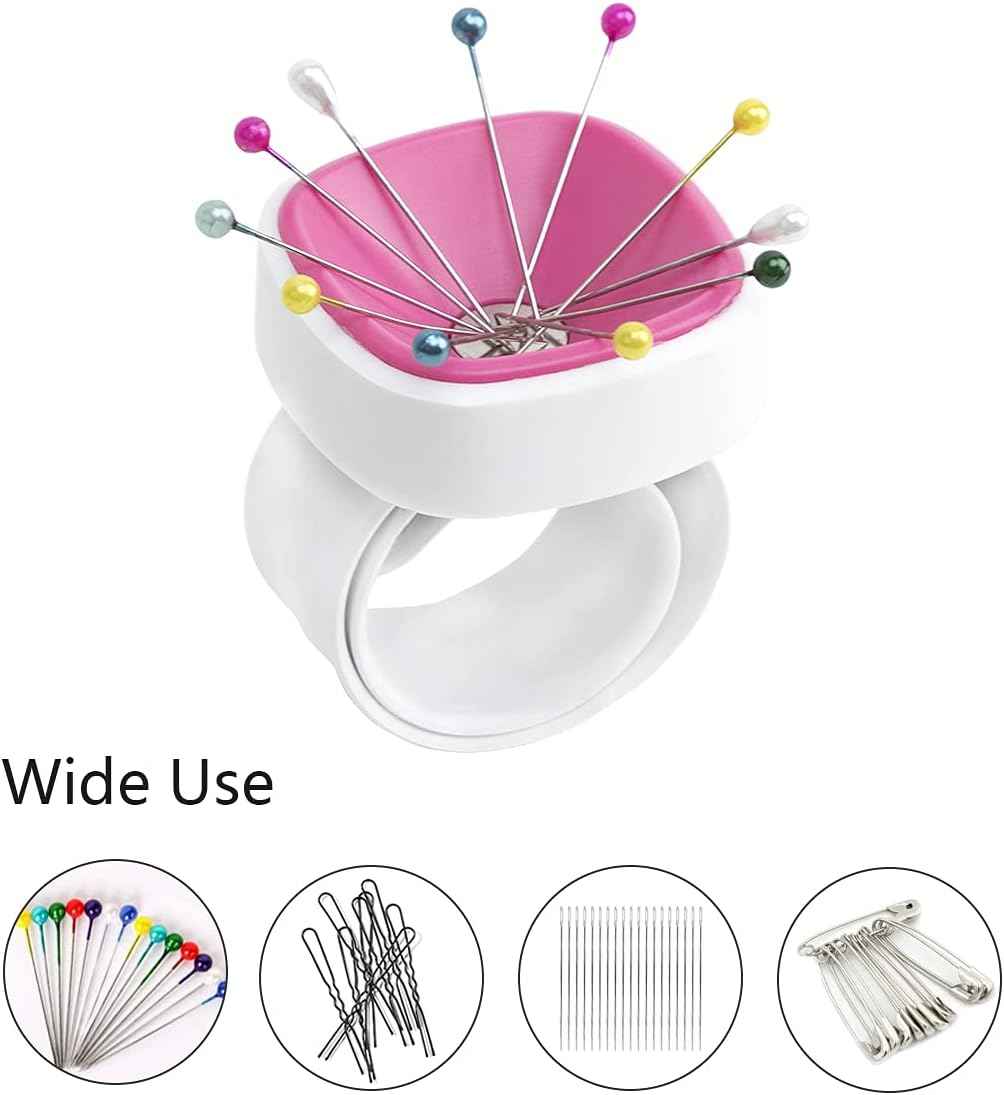 Pink magnetic wrist pin cushion holding multiple sewing pins on the circular pad.