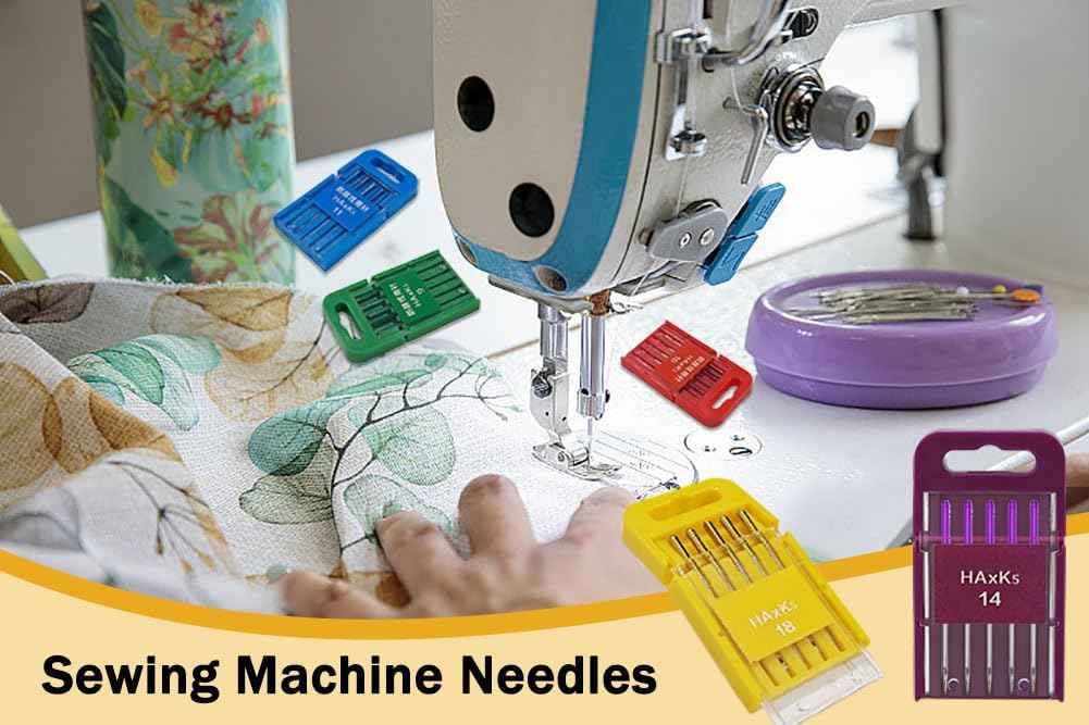 Sewing machine needles with color-coded size boxes near the machine needle area