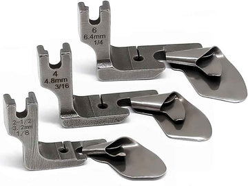 Sewing machine curved hemming foot set, silver metal with 6.4 mm and 4.8 mm markings