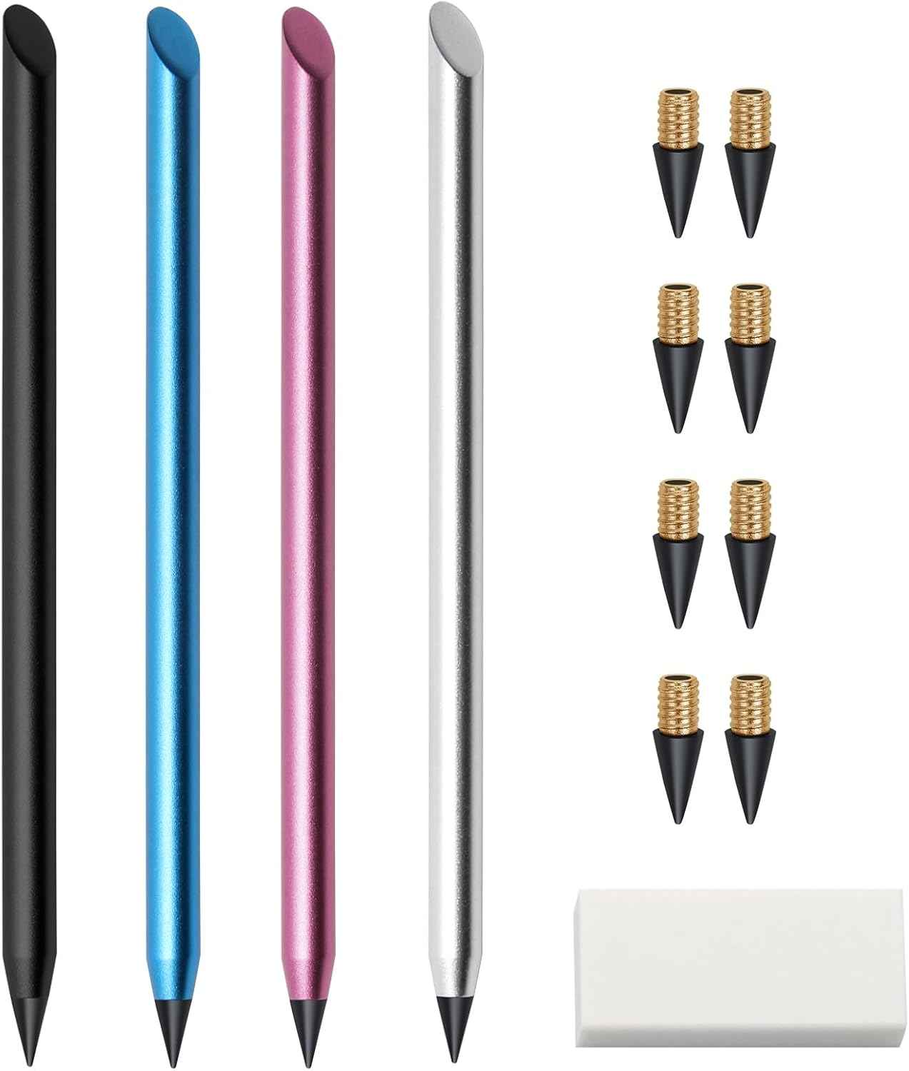 4 Pack Metal Inkless Pencil with Eraser and Replaceable Nibs