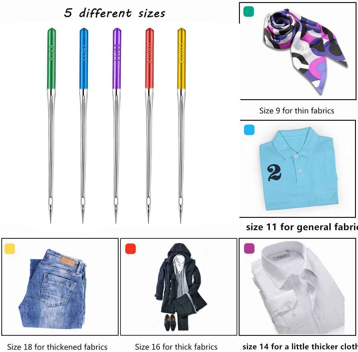 Universal machine needles in 5 sizes, colored shafts: green, blue, purple, red, yellow