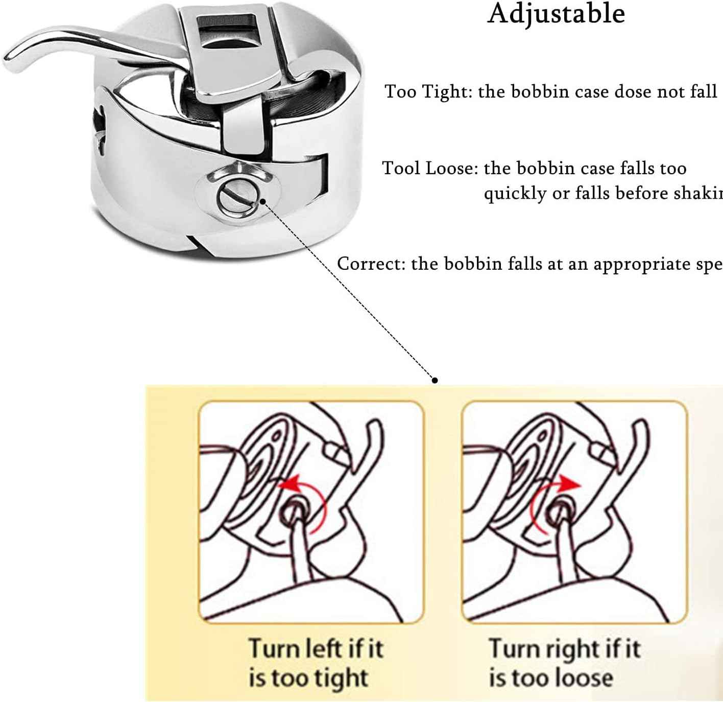 Adjustable metal bobbin case with tension screw and knob