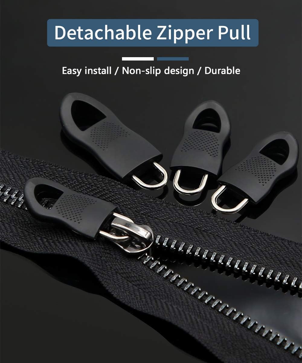 Set of black detachable zipper pulls with metal rings fitted along a zipper track