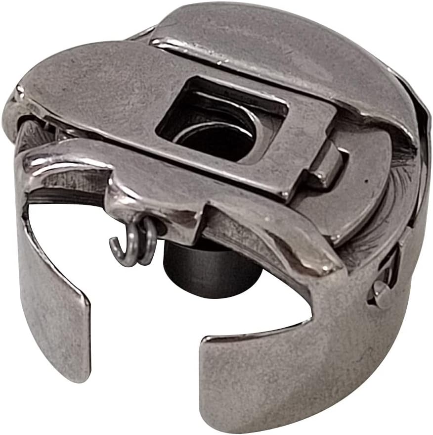 Metal bobbin case with top thread slot and front release spring, gray finish