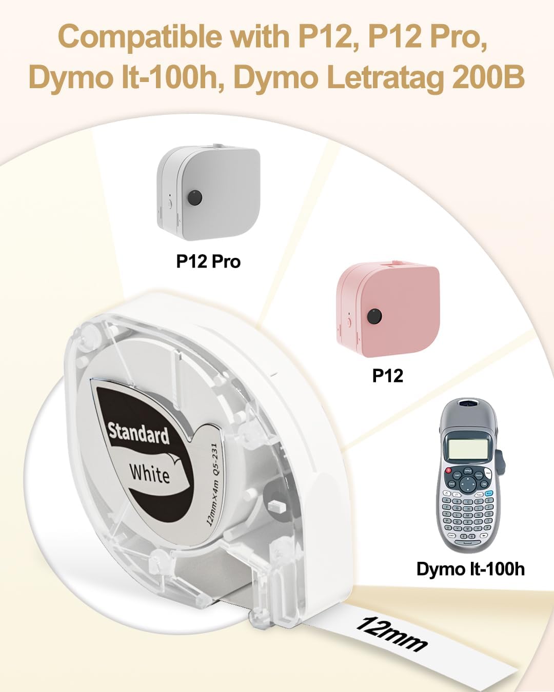 Label Tape (12mm X 4m),Black on White,for DYMO Letra Tag Phomemo P12