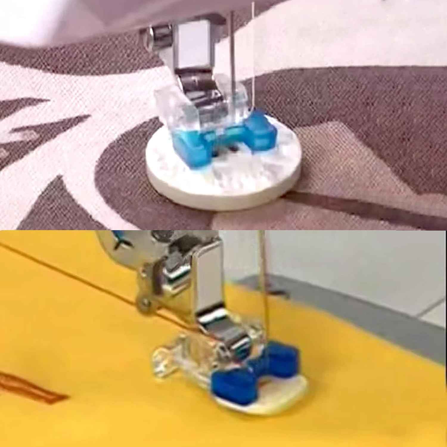 Using snap-on button presser foot on fabric with sewing machine, blue guide pieces