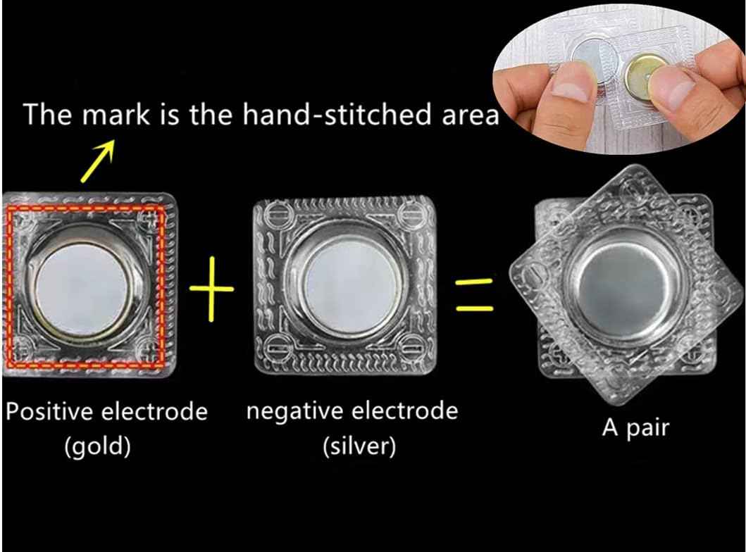Hidden sew magnetic snap button pair: positive electrode gold and negative electrode silver