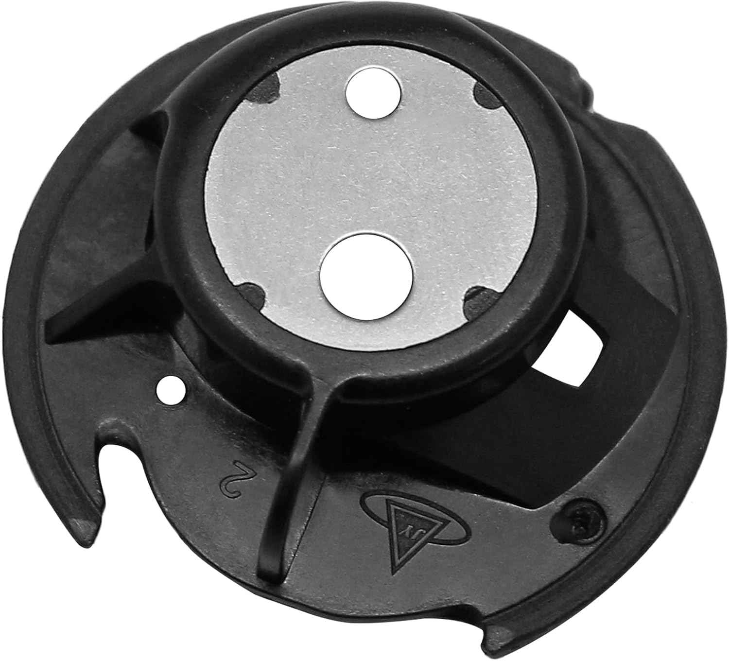 Bobbin case XC3152221, circular plate with cutouts and black mounting clips