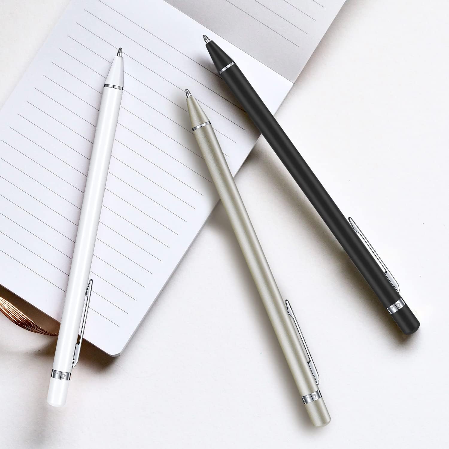 3 Pack Metal Ballpoint Pens with 6 Replaceable Refills (Black,White,Champagne)