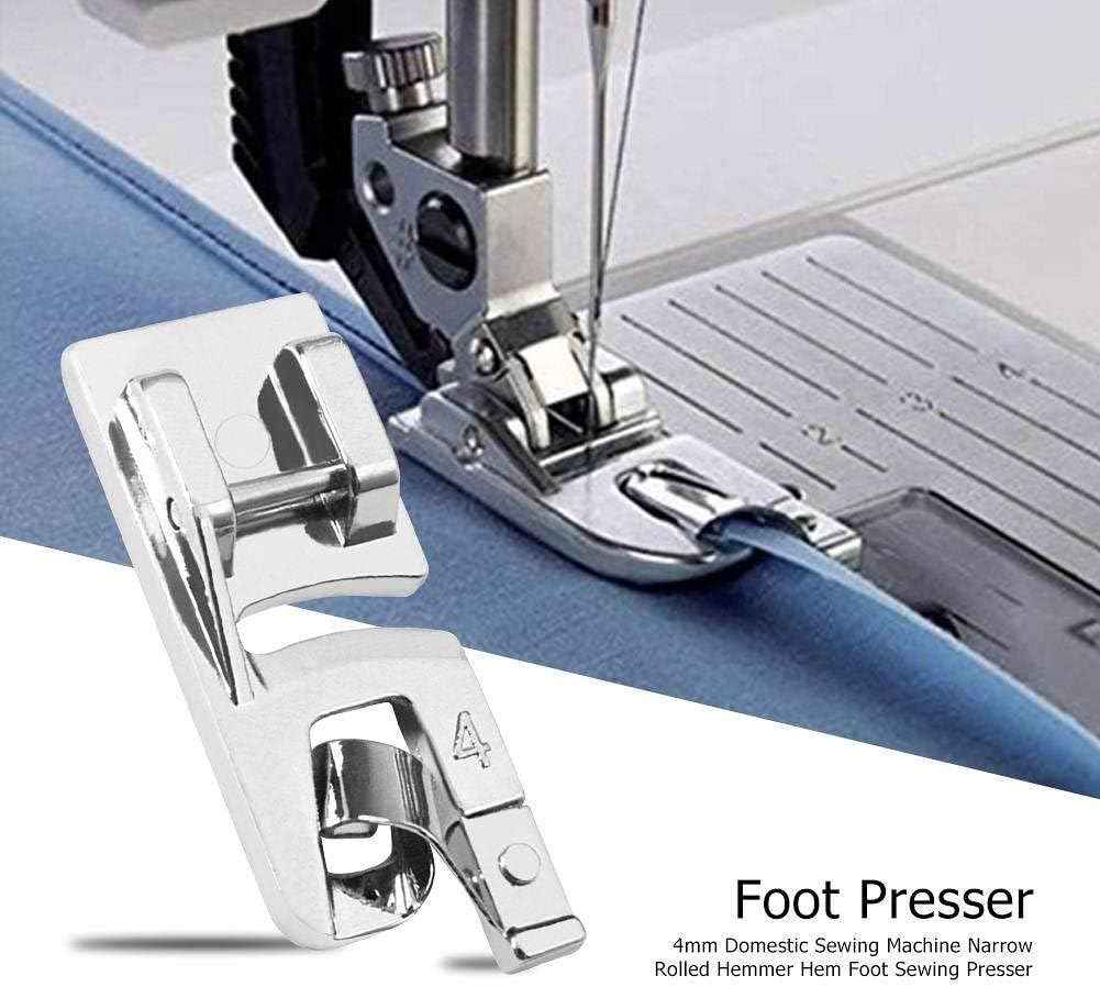 Hemmer foot presser close-up labeled 4 for narrow rolled hemming on a sewing machine