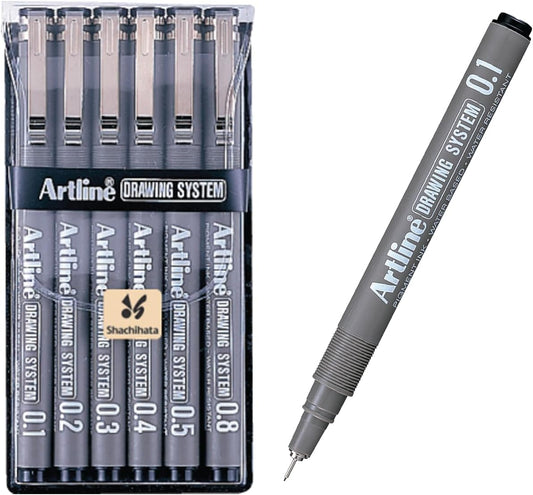 Artline Drawing System Pens, 0.1, 0.2, 0.3, 0.4, 0.5, 0.8 mm ,6 Pack