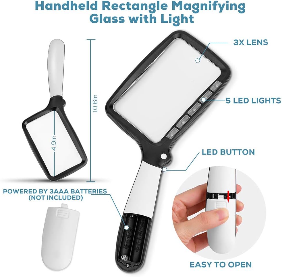 Folding Handheld 3X Rectangle Reading Magnifier with Light