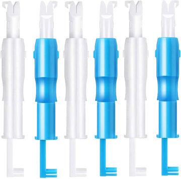 6-piece automatic needle threader set with blue handles and white prongs.