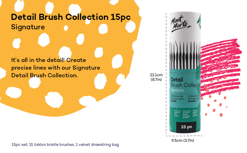 Mont Marte Signature Detail Brush Collection,15 Piece,Taklon Bristles