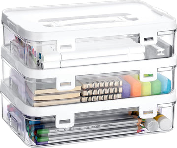 Clear Plastic Storage Container with Lid & Handle for Pencils Markers