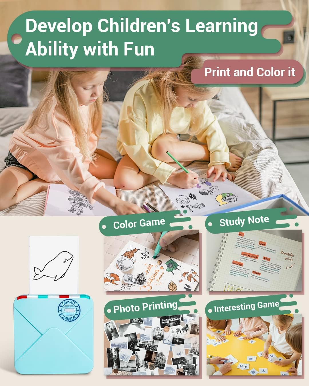 Phomemo M02S HD Bluetooth Thermal Photo Printer with 6 Roll Paper