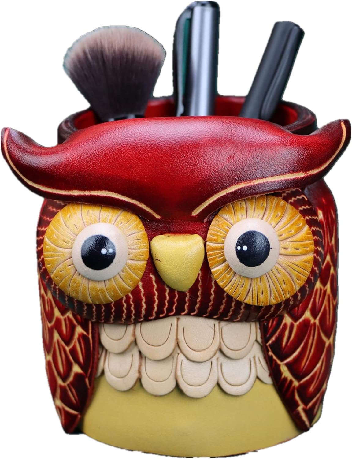 Leather Cowhide Owl Desktop Decorative Pen Holder Organizer