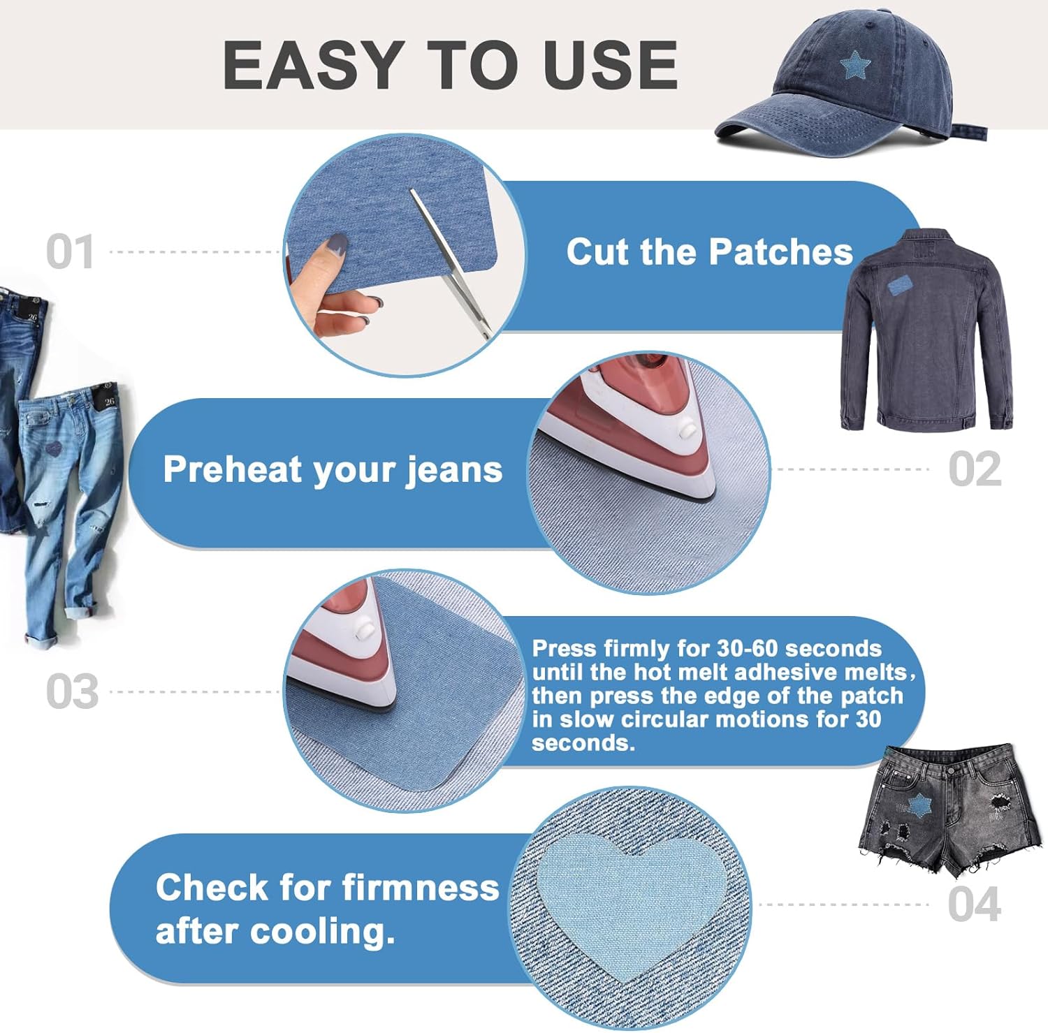 Iron-on denim patch kit for jeans: cut patches and press with an iron for repairs