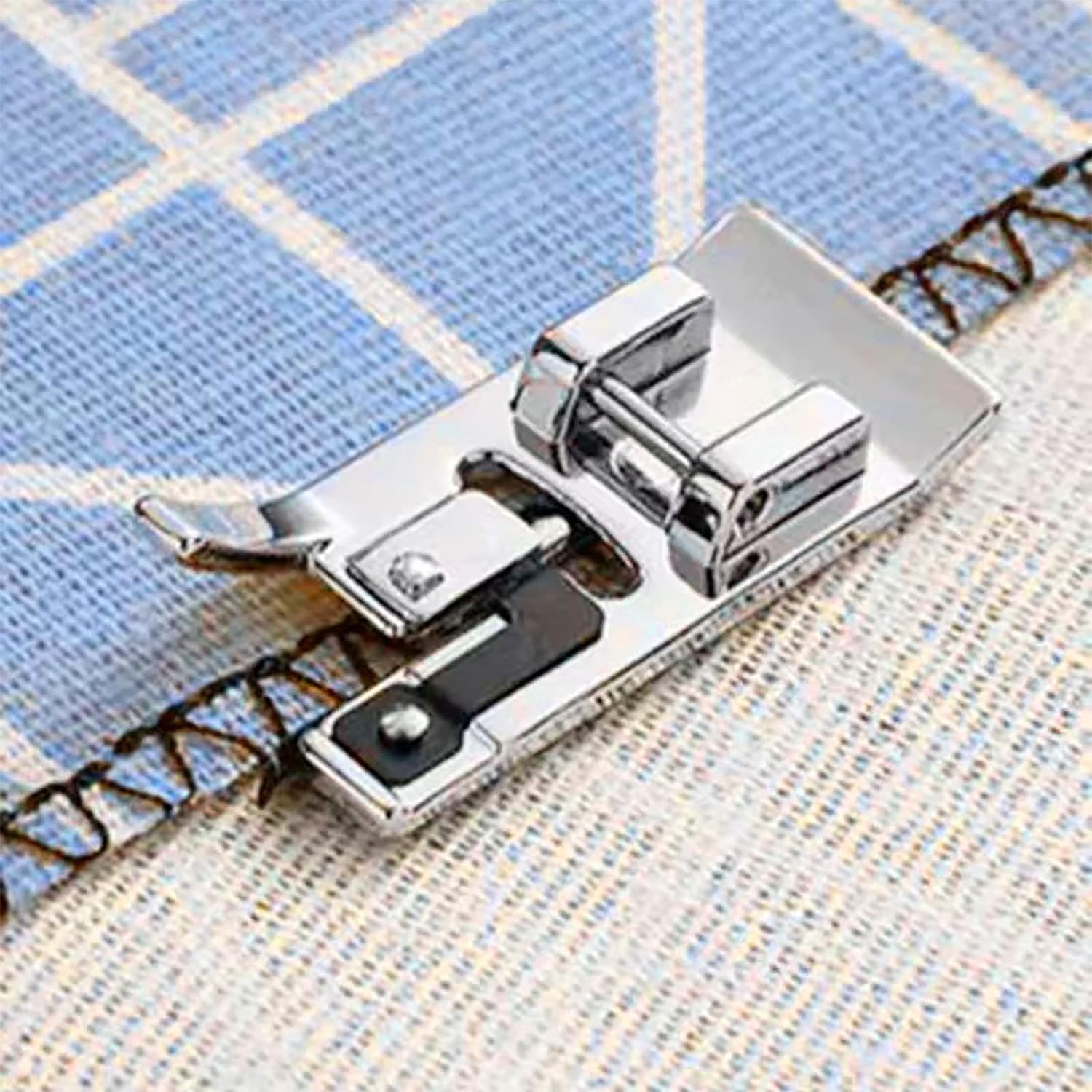 Overlock overcast presser foot on fabric, mounted overlock-style cutting guide