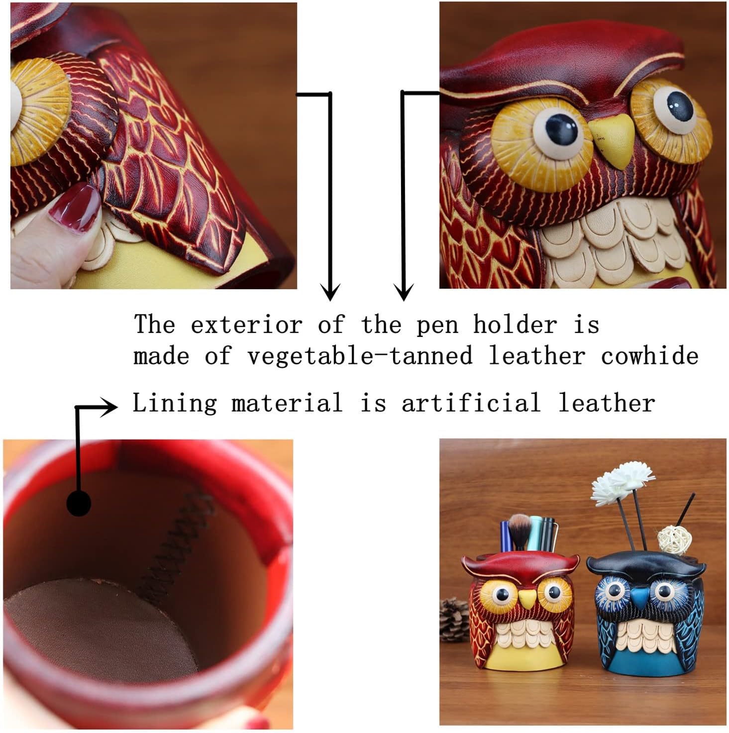 Leather Cowhide Owl Desktop Decorative Pen Holder Organizer