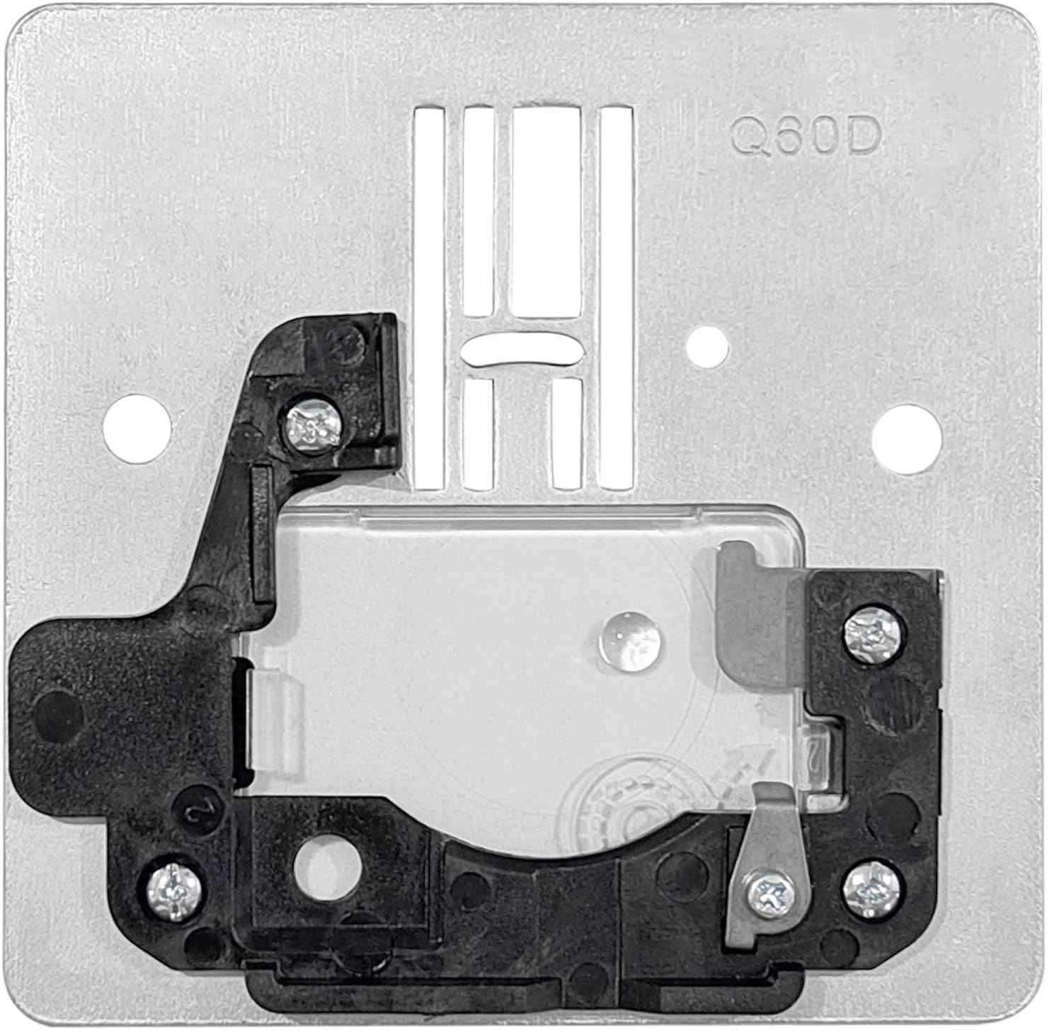 Needle plate with cover plate Q60D, underside showing black parts and screw holes