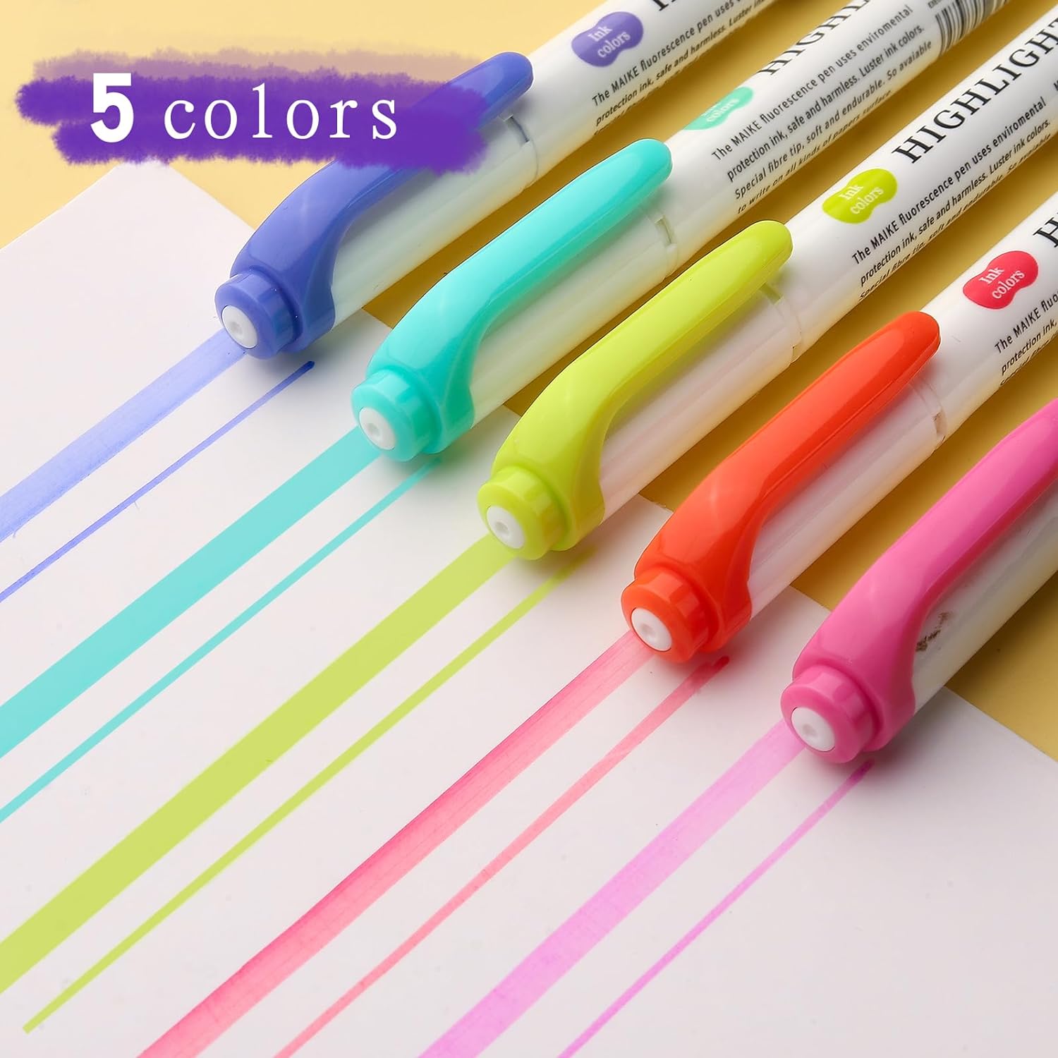 MAIKE Real Mild Pastel Highlighters 5 Sunny Colors Markers