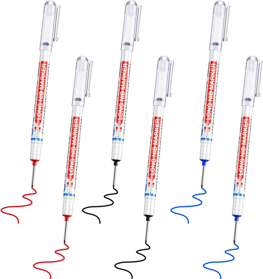 6PCS Deep Drill Hole Long Nib Waterproof Marker Pens Red Black Blue
