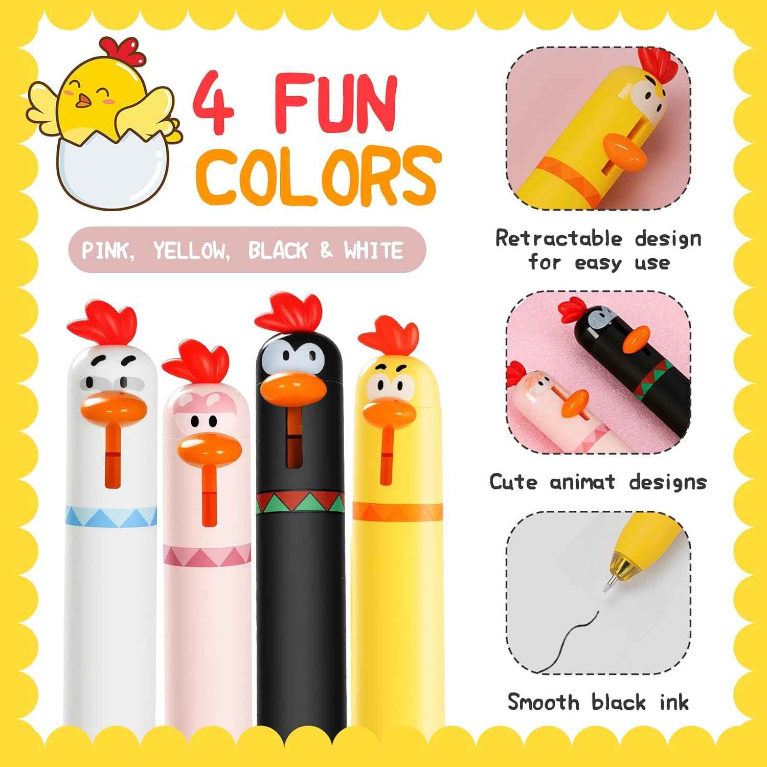 12PCS Funny Chicken Retractable Gel Pens 0.5mm Fine Point Black Ink
