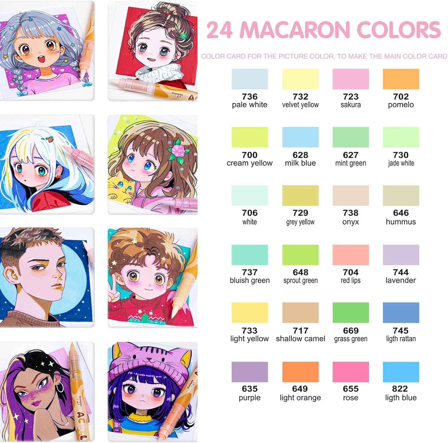 Guangna Macaron Art Markers,24 Color Soft Brush Tip Acrylic Paint Pens