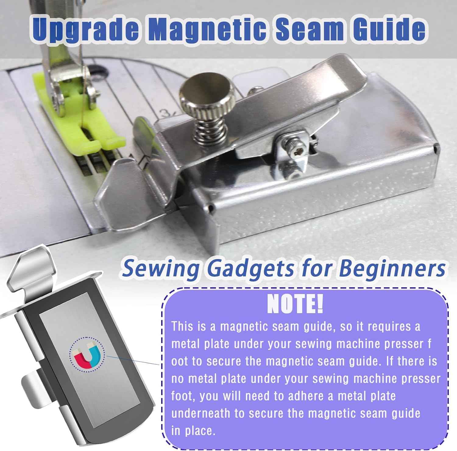 Magnetic seam guide for sewing machine bed with metal mounting plate and knob