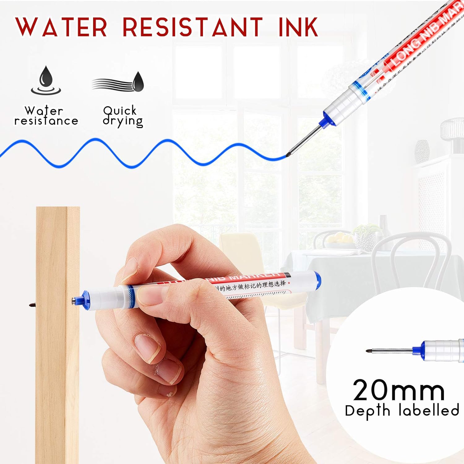 6PCS Deep Drill Hole Long Nib Waterproof Marker Pens Red Black Blue