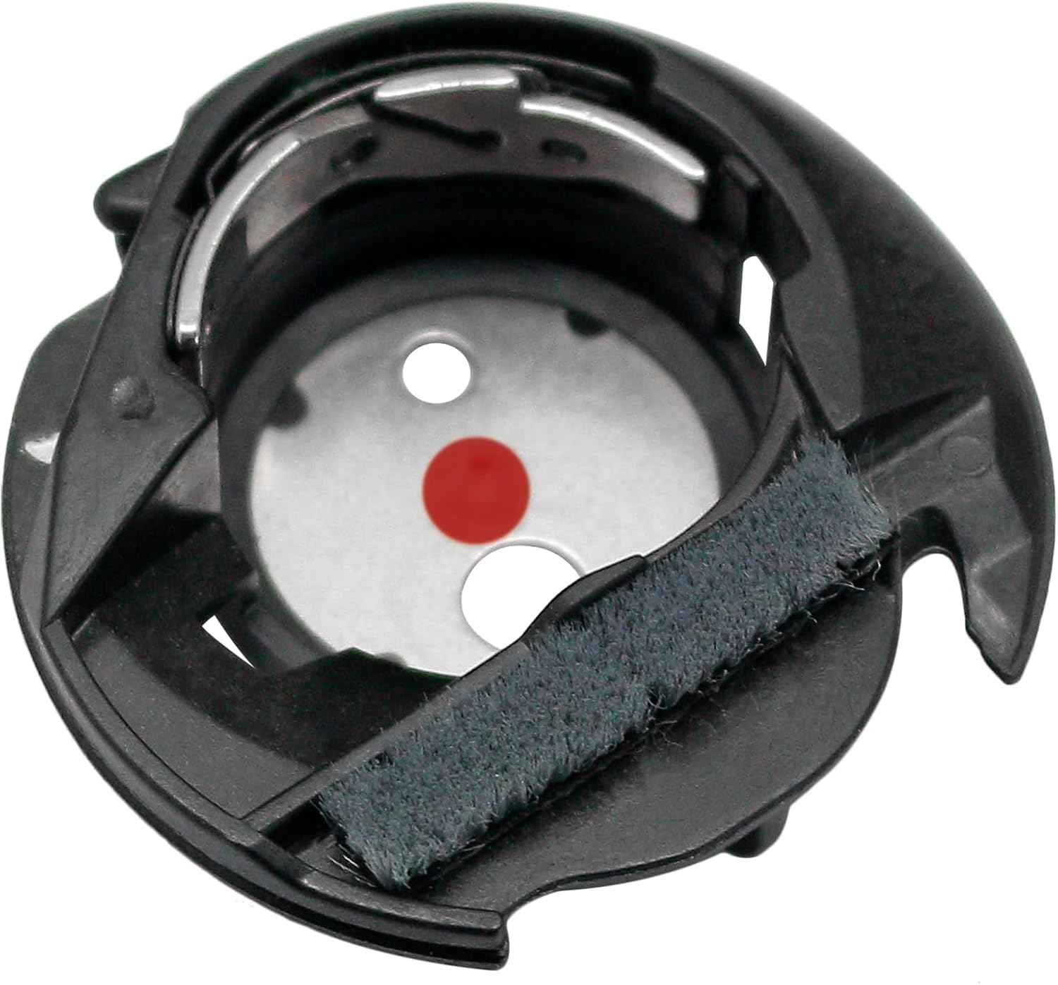 Bobbin case: close-up of black housing with metal bobbin base and red alignment dot