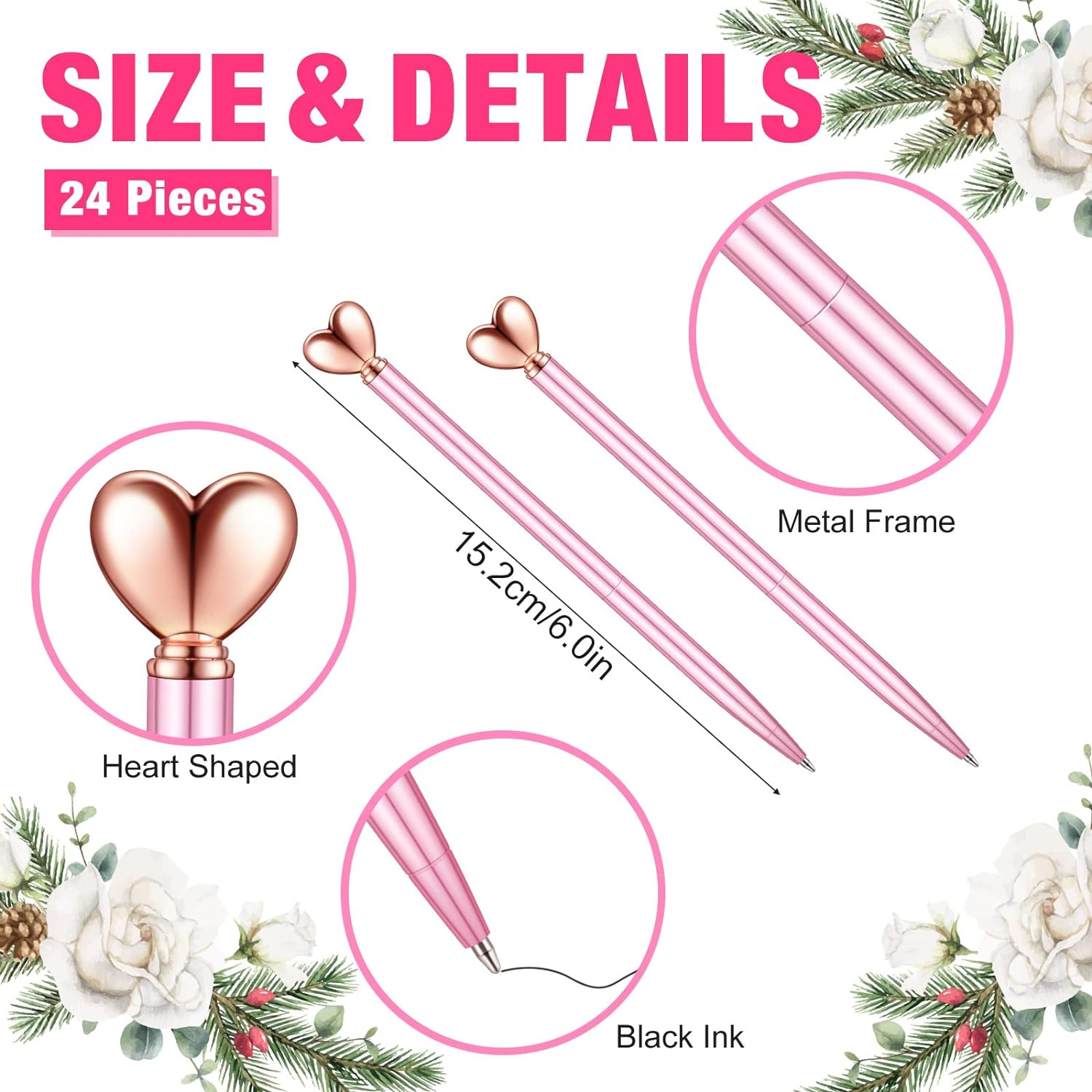 24Pcs Heart Shaped Retractable Metal Ballpoint Pens