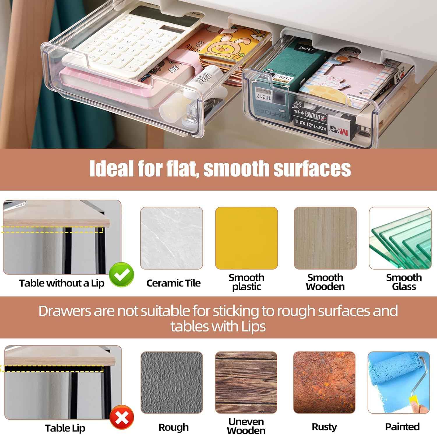 2 Pack Under Desk Storage Drawers Slide Out-Drill-On or Self-Adhesive