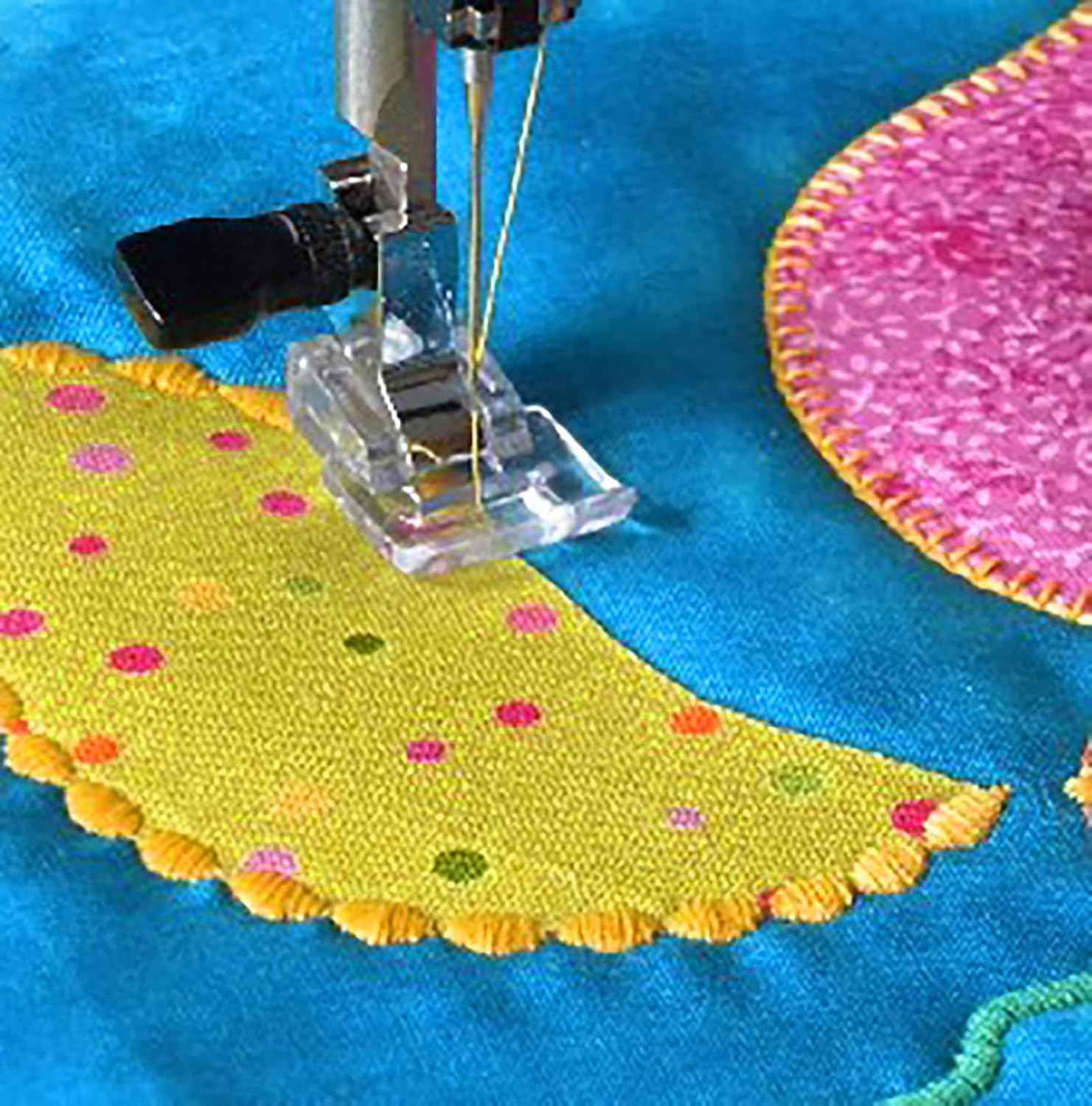 Clear applique presser foot in use, stitching applique fabric under the needle