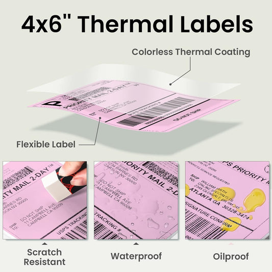 Phomemo 4"x6" termisk direktfraktetikett, fläktvikt 500 etiketter rosa