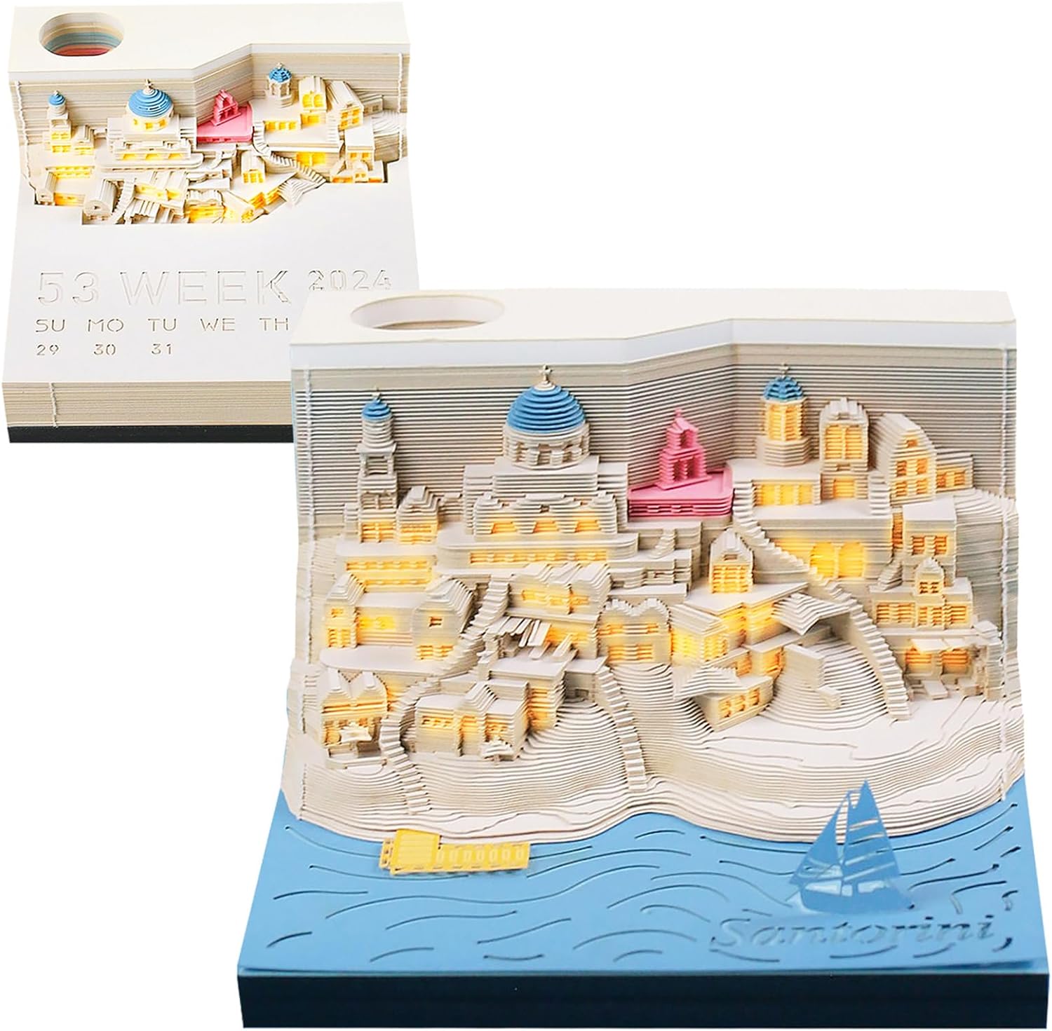 2024 Time Piece Santorini 3D Calendar Memo Pad with LED Lights