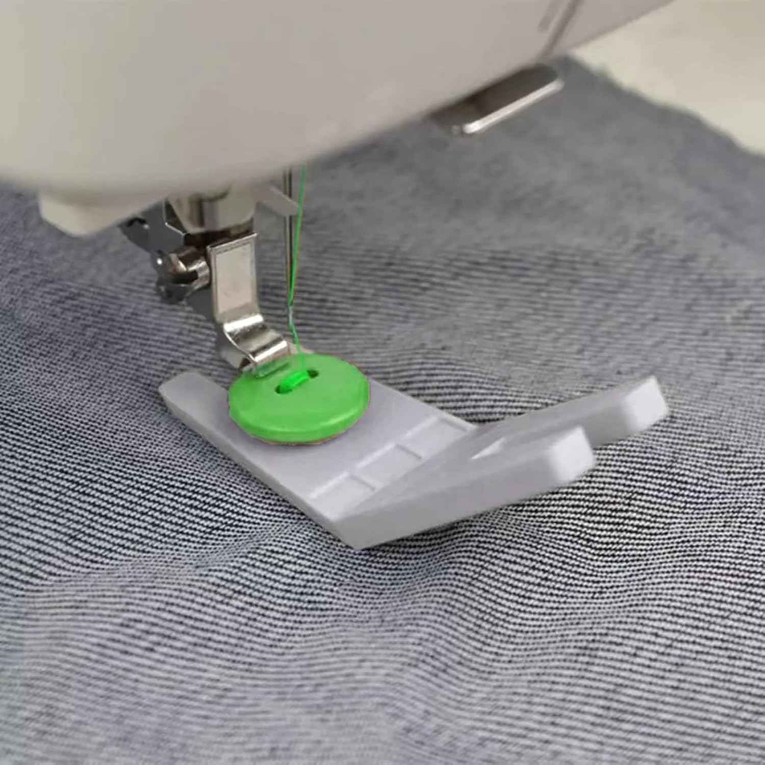 Button-plate attachment installed on sewing machine, holding a green button