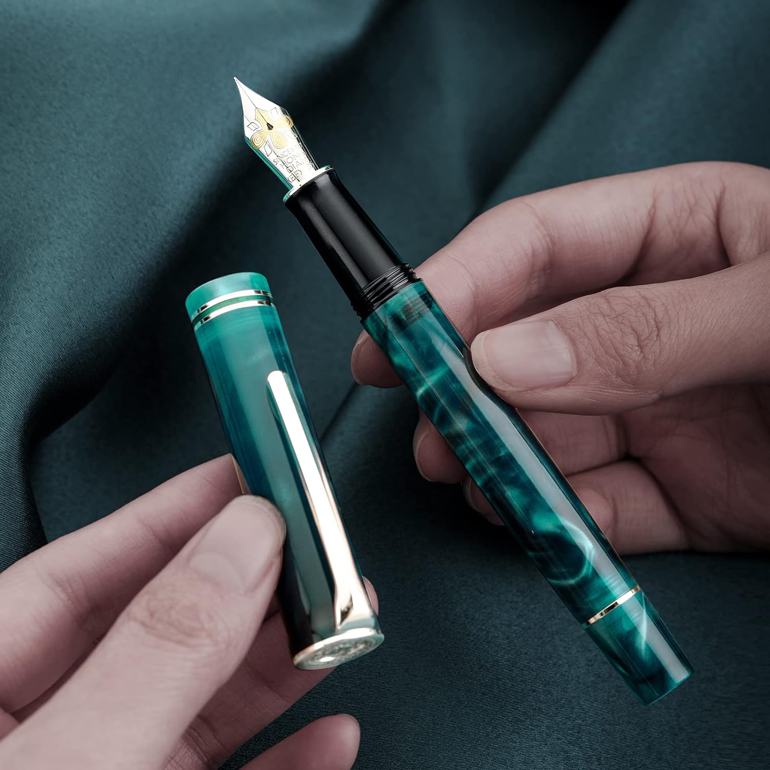 Hongdian N2 Fountain Pen, Iridium Nib Teal Blue Acrylic Design