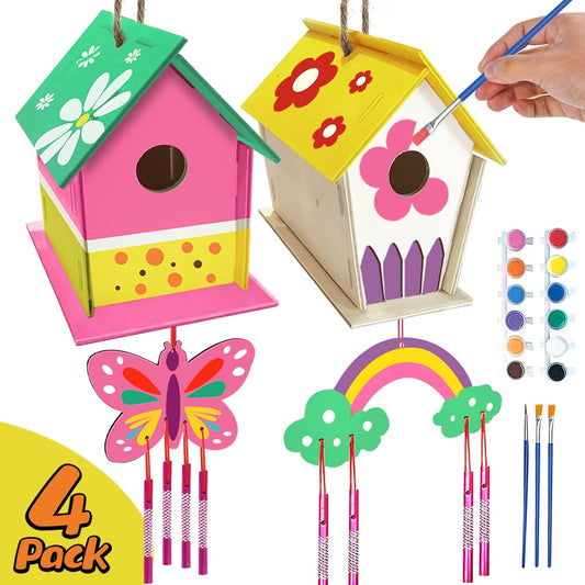 4 Pack DIY Bird House Wind Chime Kit Paint Wood Craft for Kids