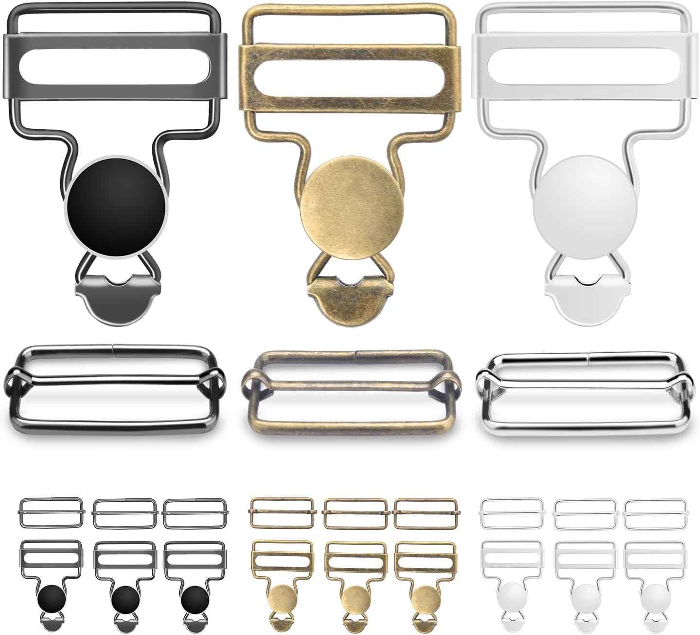 Metal overall buckle set: bronze, gunmetal, and silver suspender hardware