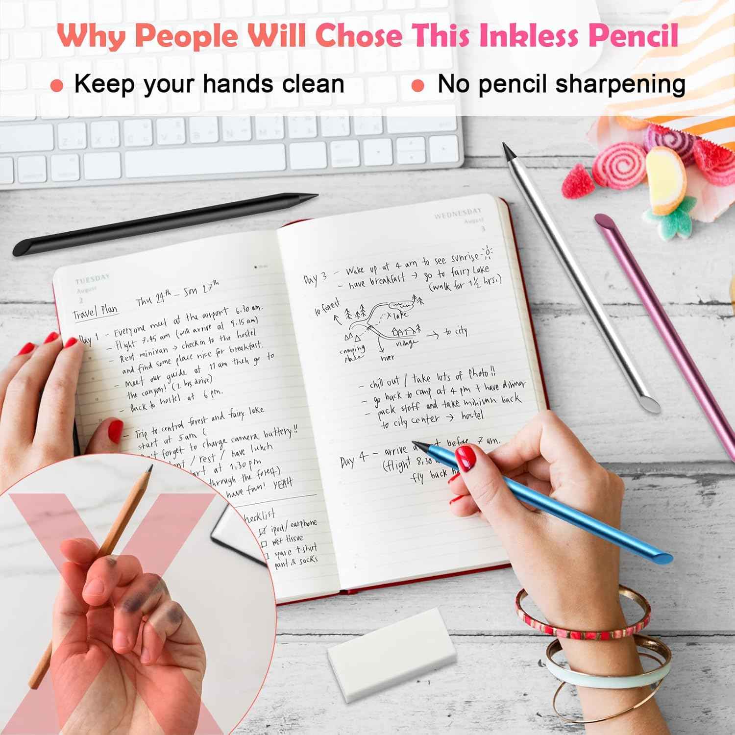 4 Pack Metal Inkless Pencil with Eraser and Replaceable Nibs