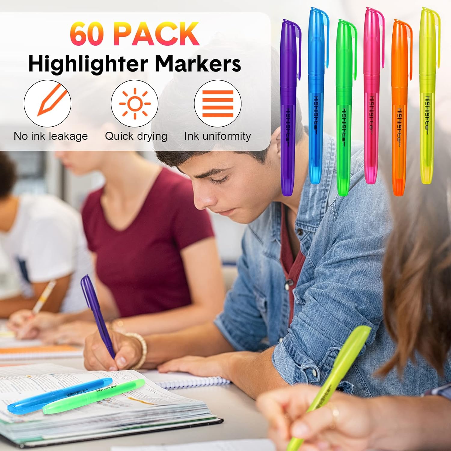 60pcs Highlighter Marker Pens Assorted Color