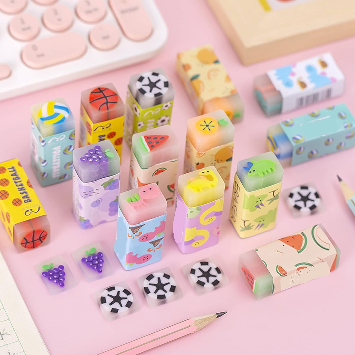 Fruit Ball Dinosaur Sakura Cute Pencil Erasers for Kids 16 Pack