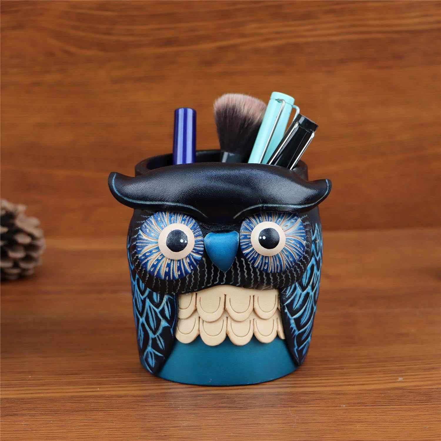 Leather Cowhide Owl Desktop Decorative Pen Holder Organizer