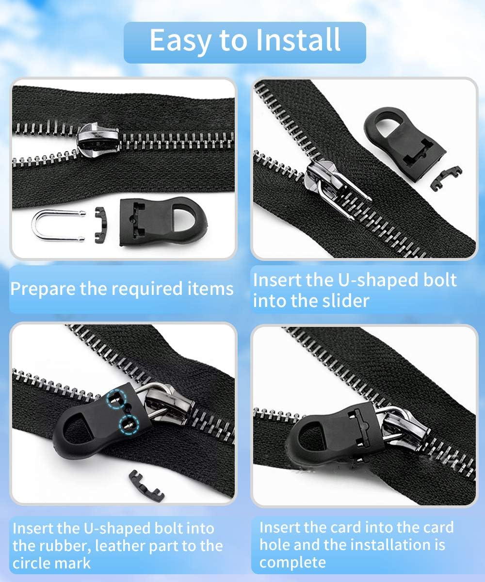 Universal zipper pull install parts: black pull, U-shaped bolt, and rubber insert pieces