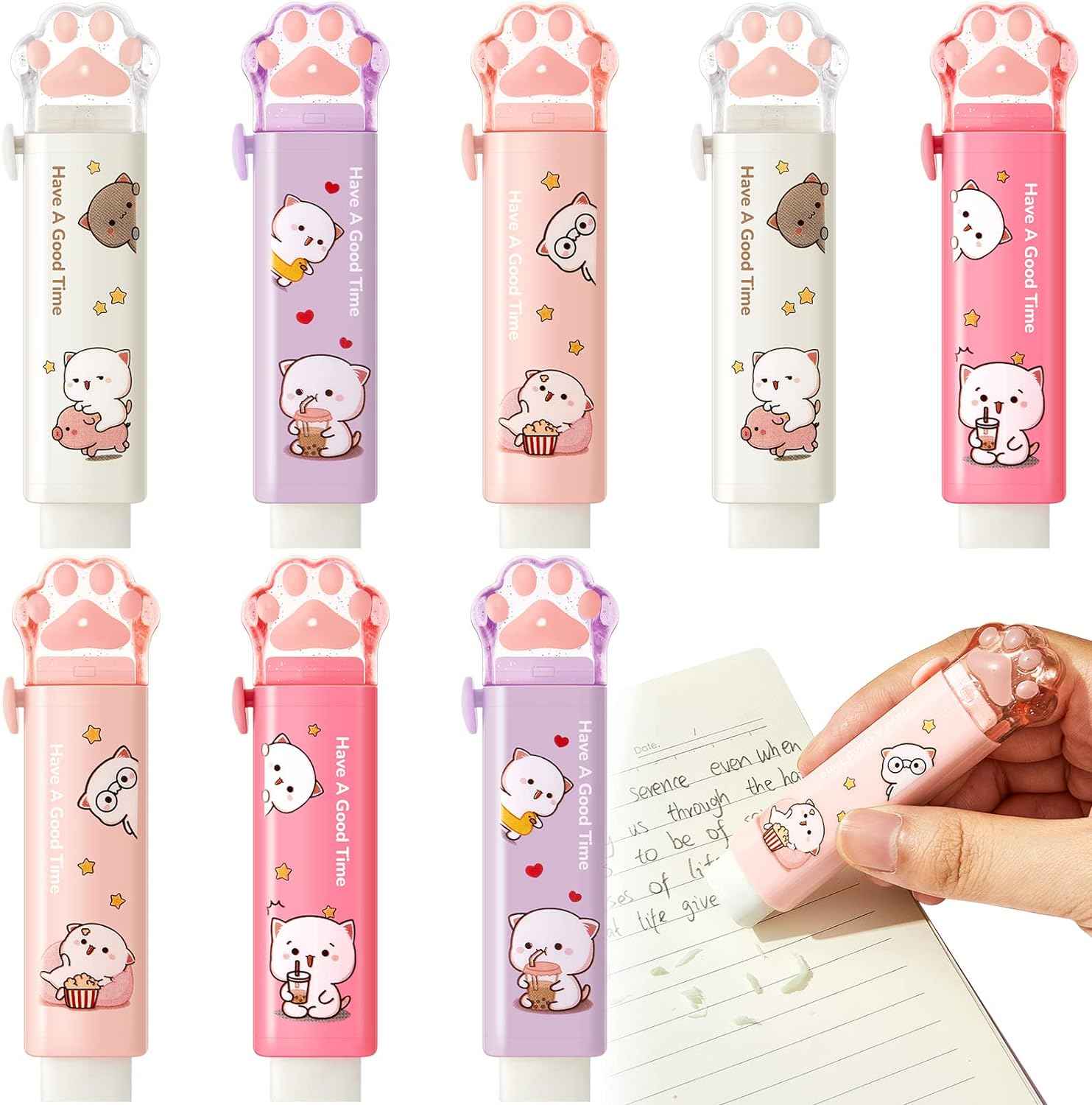 2 temperamatite a forma di zampa di gatto e 2 gomme retrattili a pressione con design Kawaii, temperamatite manuale per bambini, gomme estetiche in gomma per studenti, casa e scuola