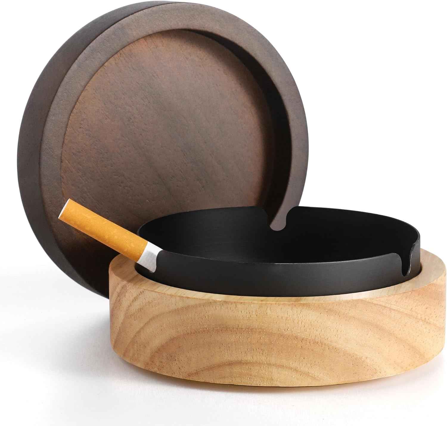 Wooden Stainless Steel Ashtray for Cigarettes with Lid