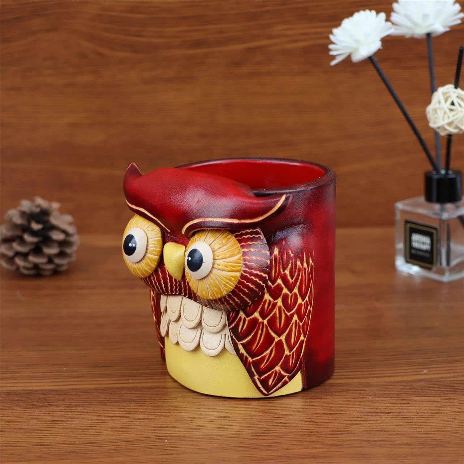 Leather Cowhide Owl Desktop Decorative Pen Holder Organizer